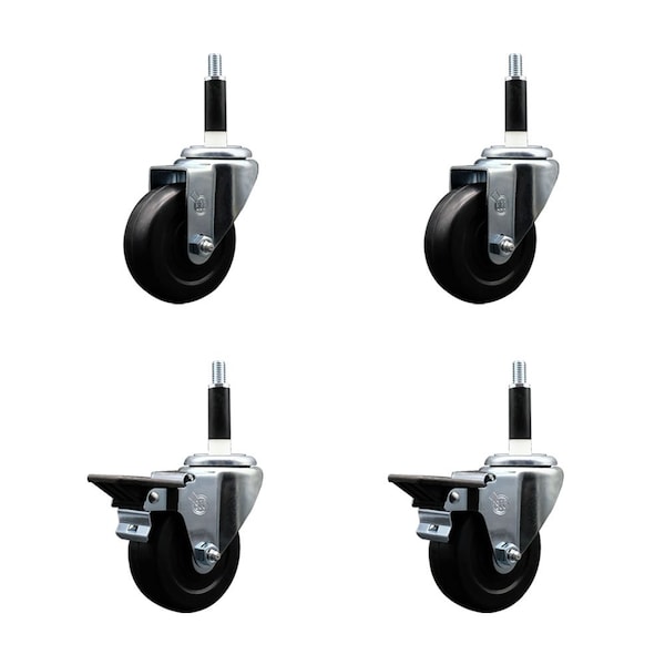 3.5'' Hard Rubber Wheel Swivel 7/8'' Expand Stem Caster Set 2 Brakes, 4PK